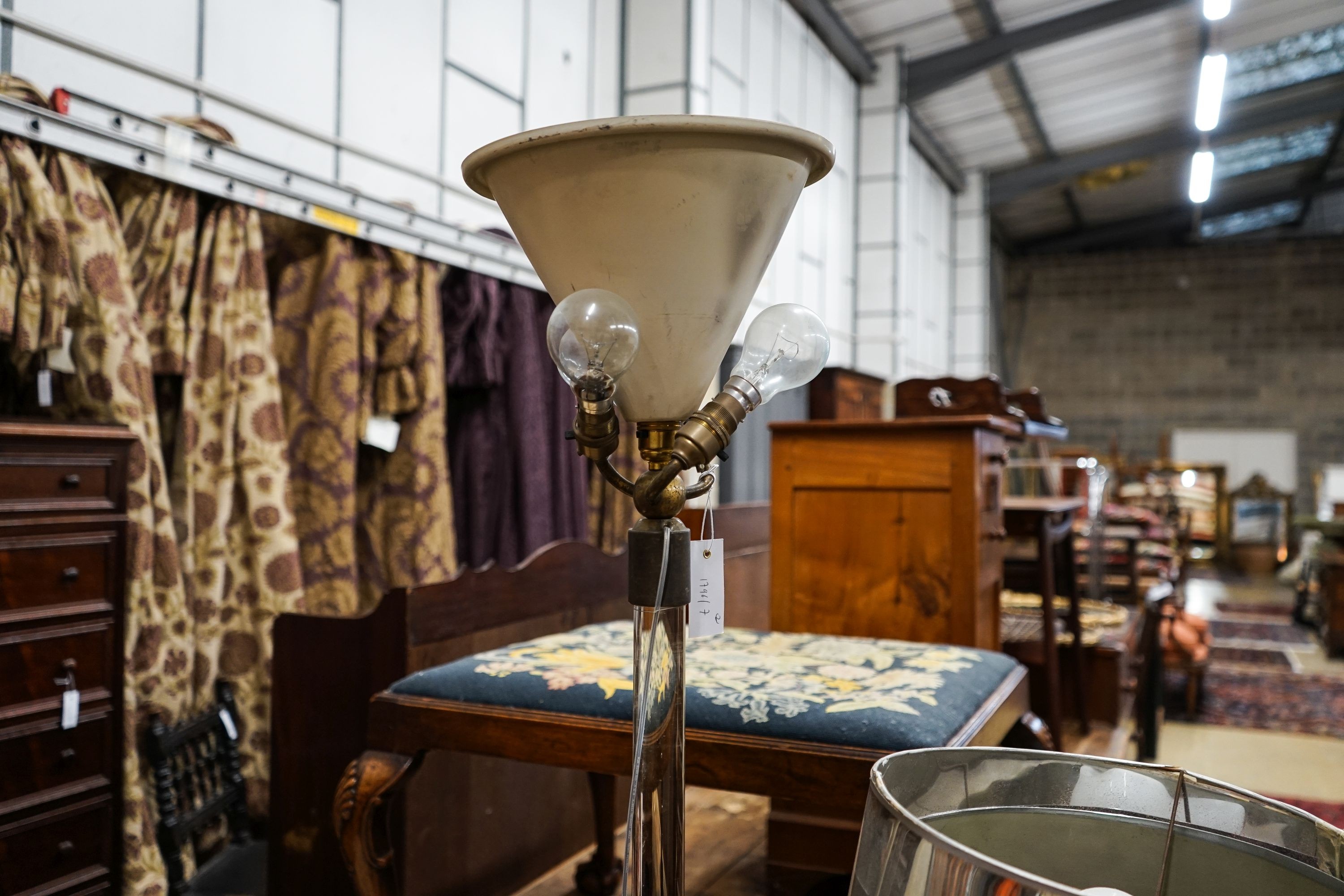 A mid century design perspex column uplighter floor lamp together with a chrome floor lamp, larger 168cm high